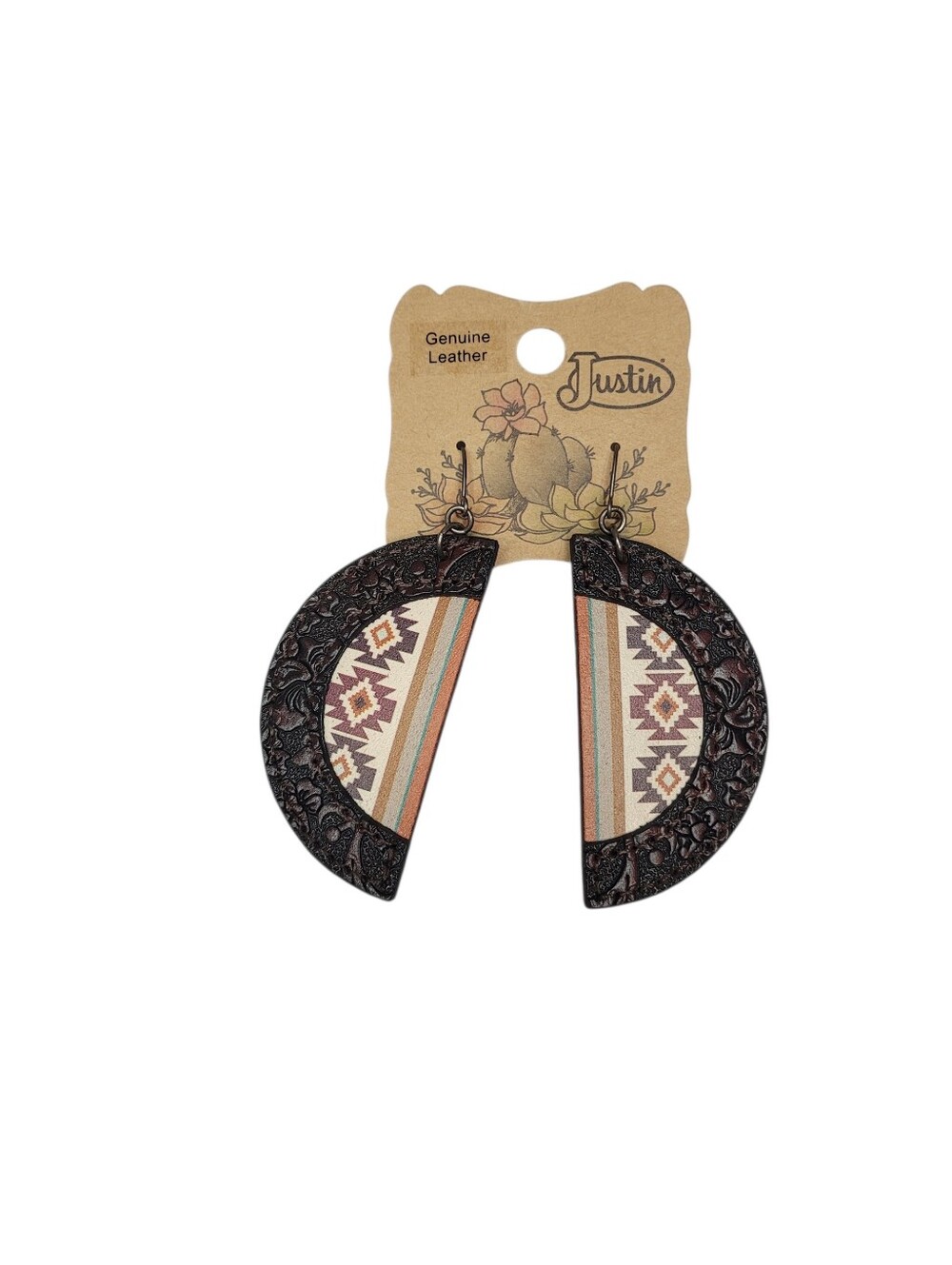 Justin Tooled Leather Half Moon Earrings Aztec Southwestern Western Boho